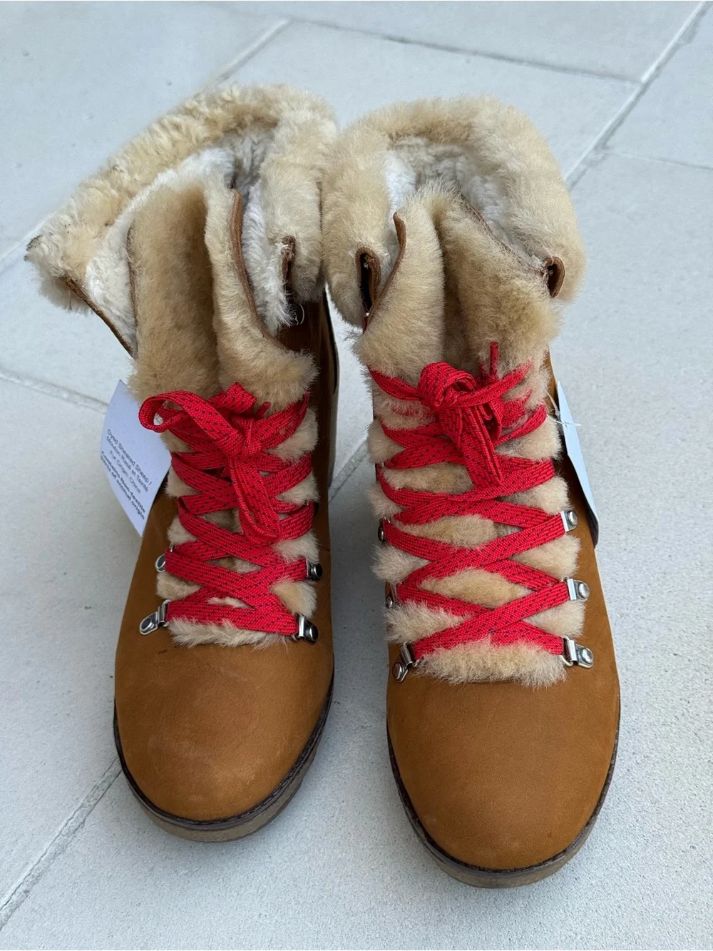 J. Crew Tan Faux-Shearling Lace-Up Ankle Boots with Red Laces